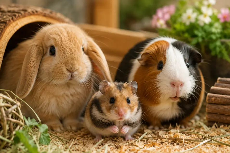 Adorable rabbit, hamster, and guinea pig posing together in a cozy habitat with hay, wooden toys, greenery, and colorful flowers.