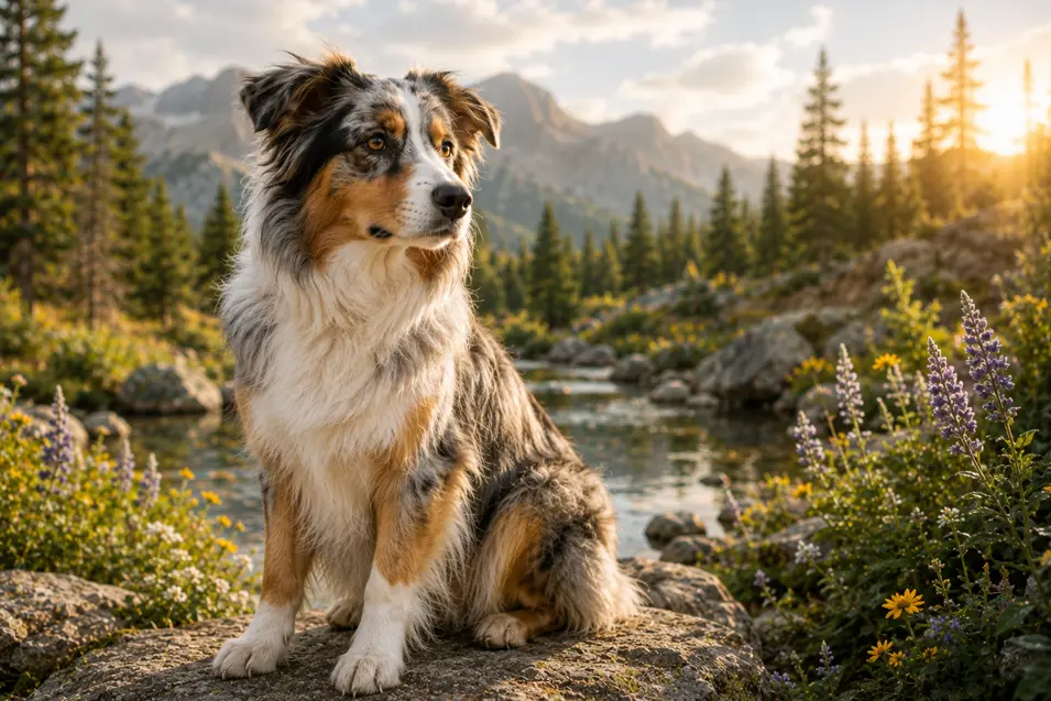 Australian Shepherd sitting beside a crystal-clear mountain stream, framed by alpine wildflowers and rugged peaks glowing in warm golden-hour light.