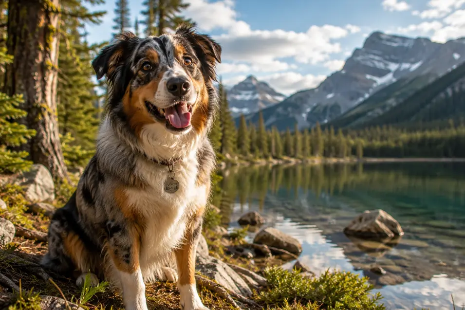 Australian Shepherd sitting beside a crystal-clear alpine lake, surrounded by evergreen forests and towering snow-capped mountains under a bright blue sky.
