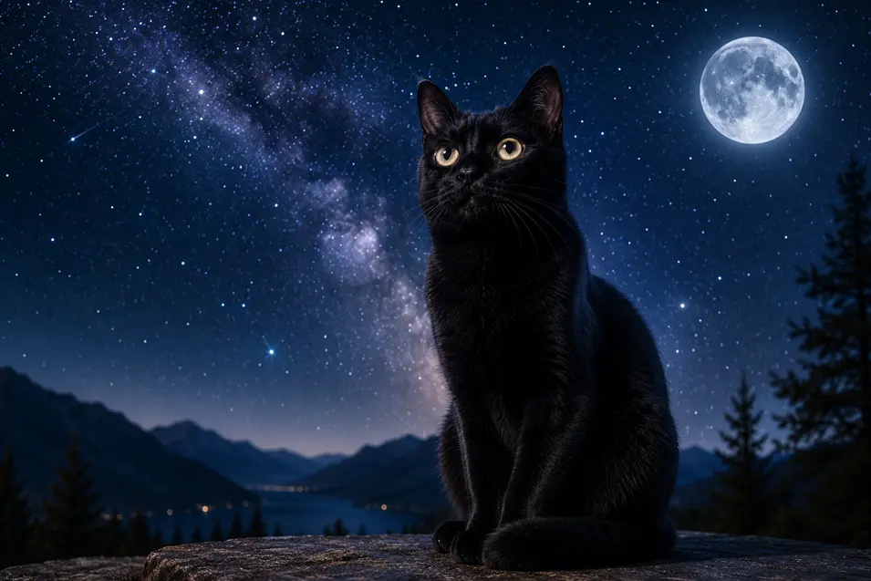 Black cat beneath a star-filled sky and glowing full moon, creating a magical celestial scene with mountains and the Milky Way in the background.