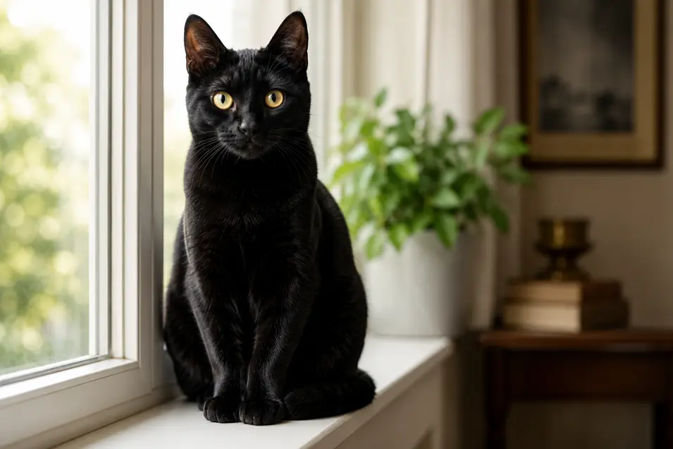 Elegant black cat with striking golden eyes sitting on a sunlit windowsill, surrounded by a warm, cozy home with soft natural light.