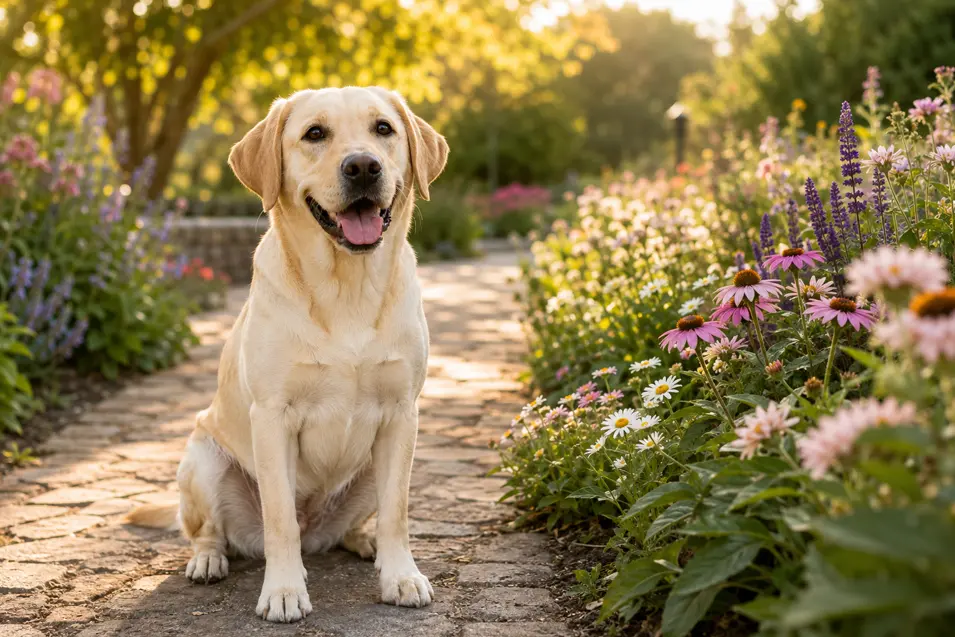 Happy yellow Labrador Retriever sitting on a sunlit garden path surrounded by colorful wildflowers, creating a warm, inviting portrait in beautiful golden-hour light.