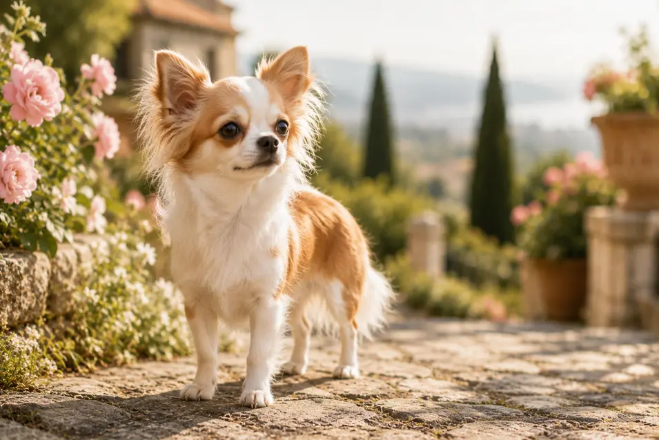 Long-haired Chihuahua standing on a sunlit stone path surrounded by blooming roses, with elegant gardens and rolling countryside in a warm golden-hour setting.
