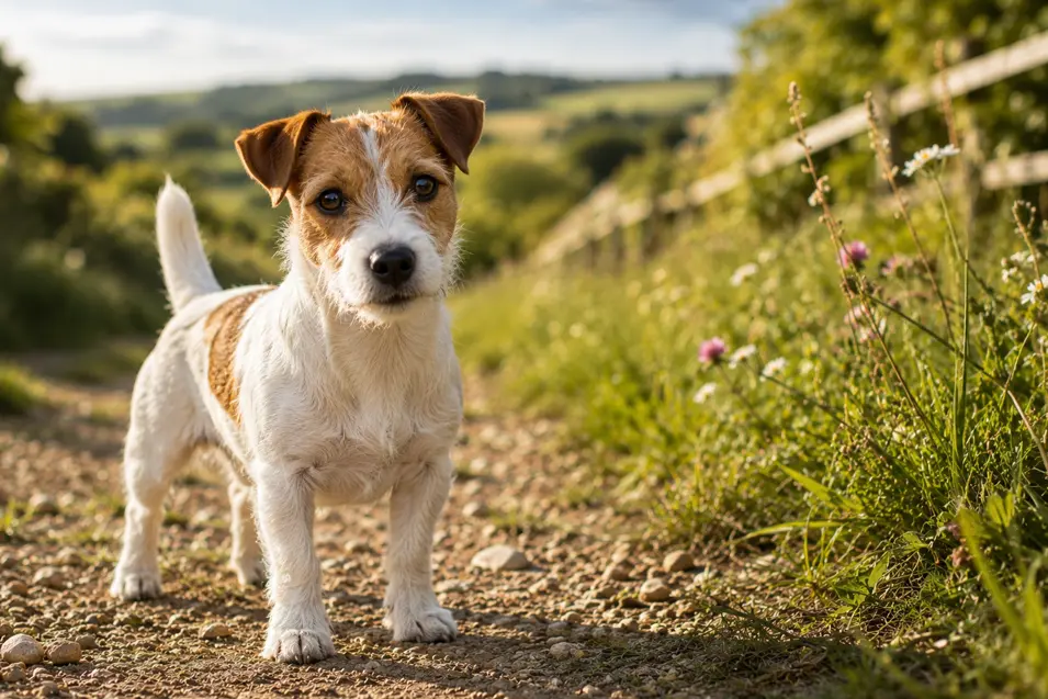 Jack Russell Terrier standing on a sunlit country path, surrounded by wildflowers, rolling green hills, and a rustic wooden fence in the background.