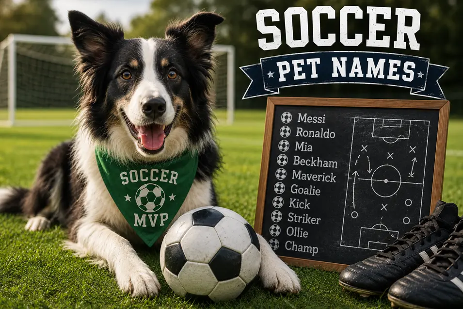 Border Collie wearing a "Soccer MVP" bandana poses on a soccer field beside a ball, cleats, goal, and a soccer-themed pet name board.