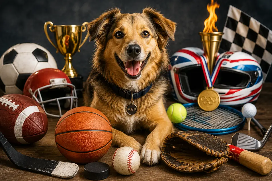 Happy mixed-breed dog surrounded by sports gear, trophies, medals, and balls from multiple sports, celebrating an Olympic-inspired champion theme.