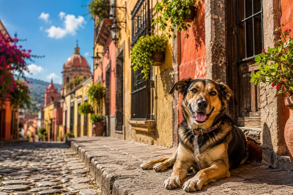 A happy mixed-breed dog relaxes on a charming cobblestone street in colorful San Miguel de Allende, surrounded by historic Mexican architecture.