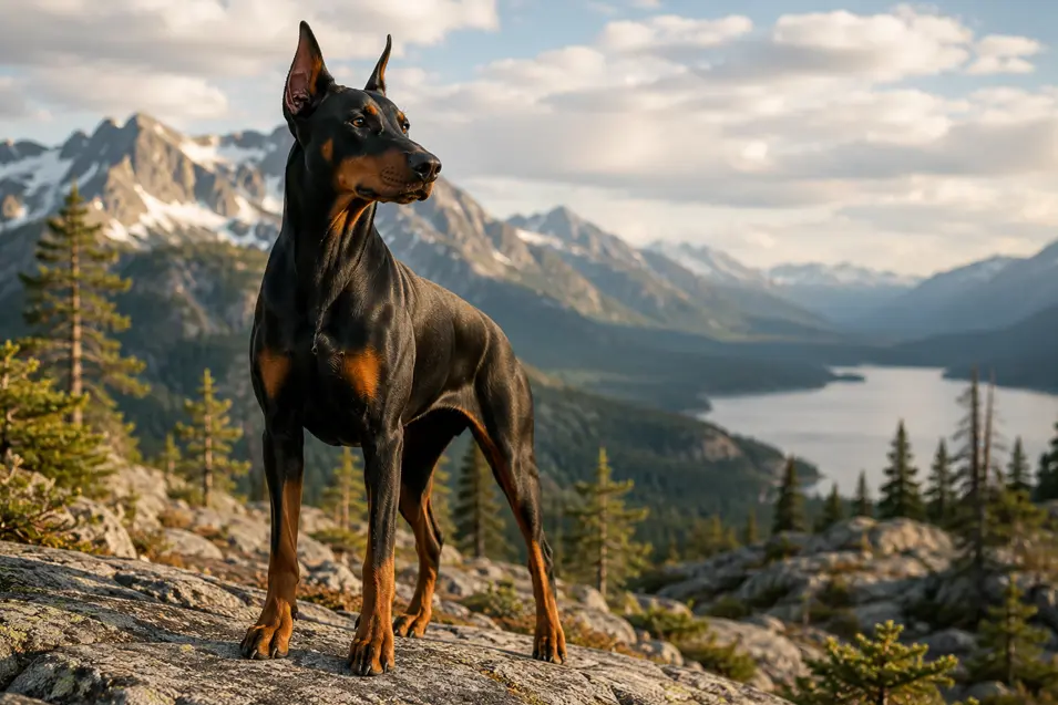 Black and tan Doberman Pinscher standing on a rocky mountain overlook, with dramatic alpine peaks and a winding lake creating a bold, adventurous landscape.