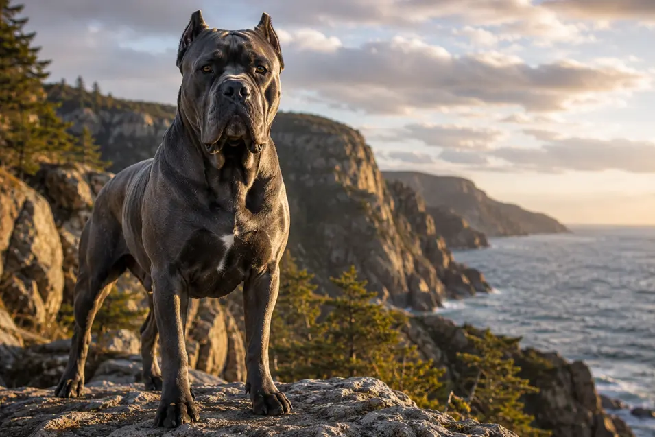 Powerful Cane Corso standing on rugged coastal cliffs at golden hour, overlooking the ocean with dramatic rocky headlands and windswept evergreens.