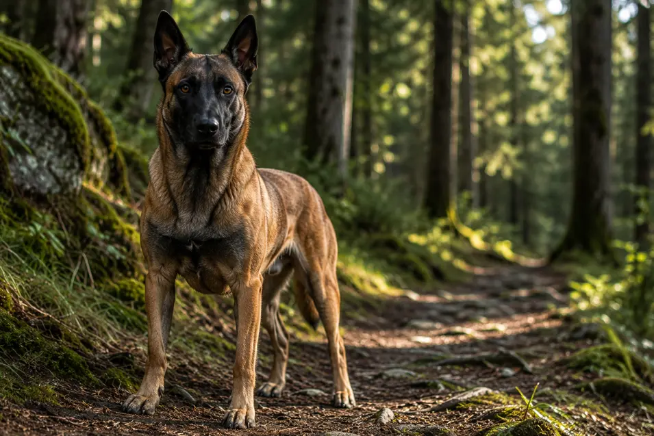 Belgian Malinois standing alert on a moss-covered forest trail, surrounded by towering evergreens and soft natural light filtering through the trees.