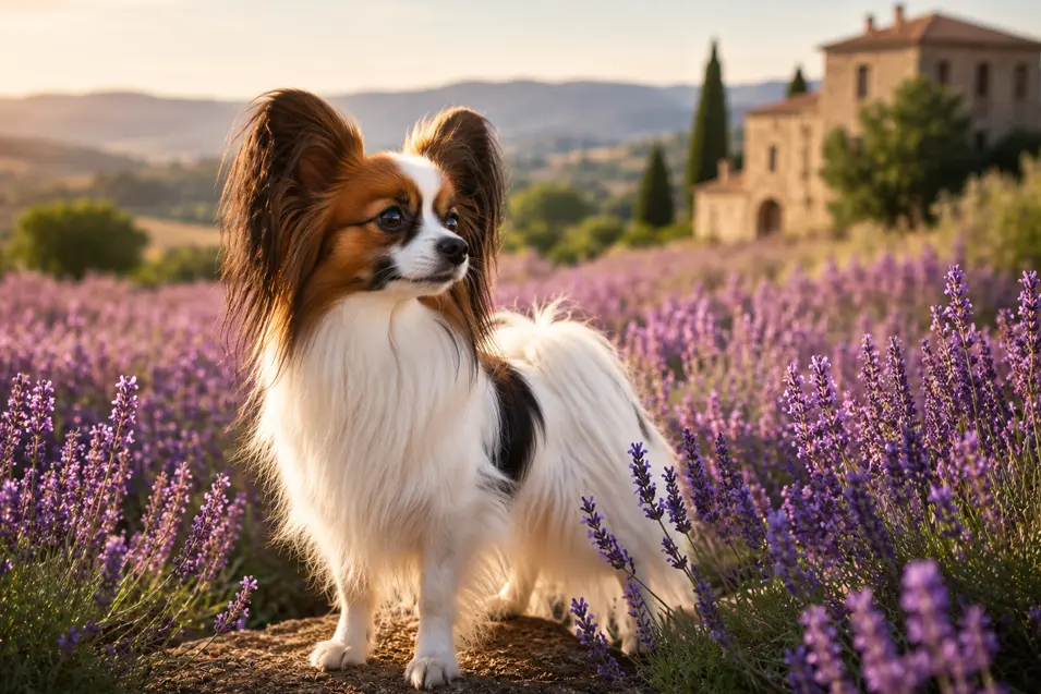 Elegant Papillon standing in a blooming lavender field at golden hour, with a rustic countryside estate and rolling hills creating a dreamy, magazine-quality scene.