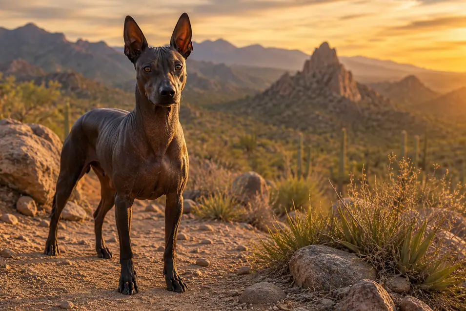 Xoloitzcuintli (Mexican Hairless Dog) standing on a desert trail at sunset, with rugged mountains, rocky cliffs, and towering cacti in the background.