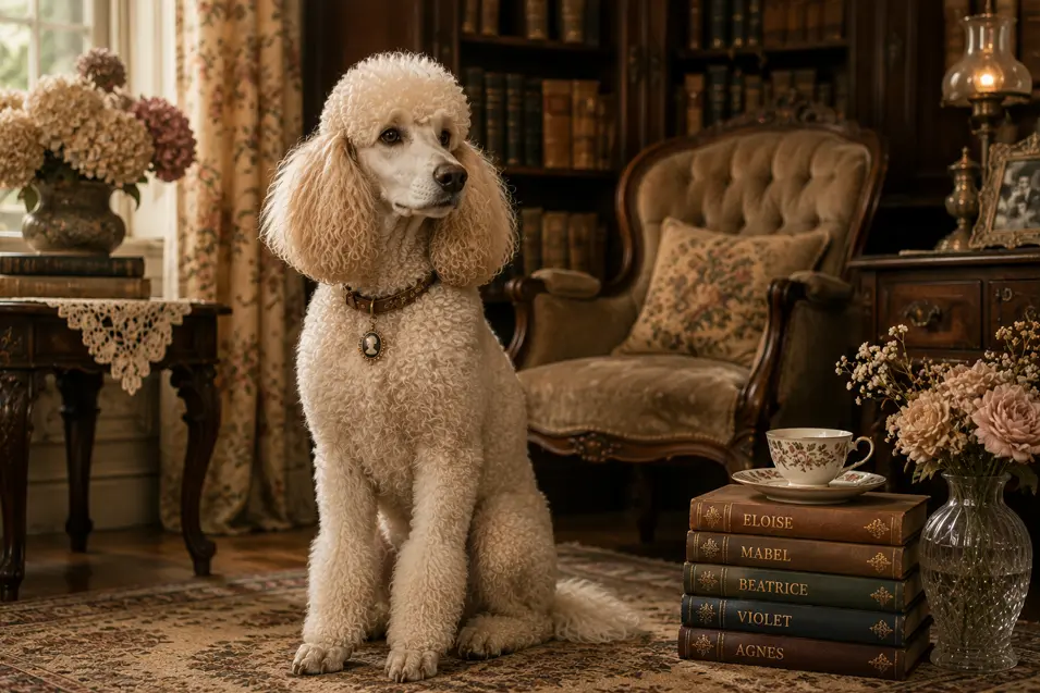 Elegant white Standard Poodle in a vintage library, surrounded by antique books, floral décor, and classic furnishings that evoke timeless sophistication.