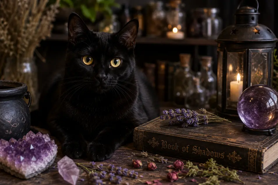 Black cat with golden eyes surrounded by crystals, candles, herbs, and spell books, creating a magical witchy atmosphere filled with mystery.