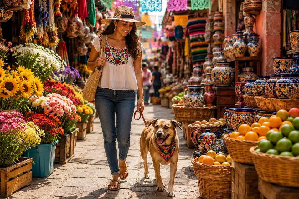 A smiling woman walks her happy dog through a colorful Mexican market filled with flowers, pottery, fresh fruit, and vibrant local culture.