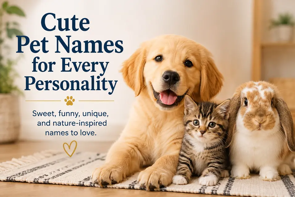 Cute pet names graphic featuring a happy puppy, kitten, and bunny, with ideas for sweet, funny, unique, and nature-inspired names.