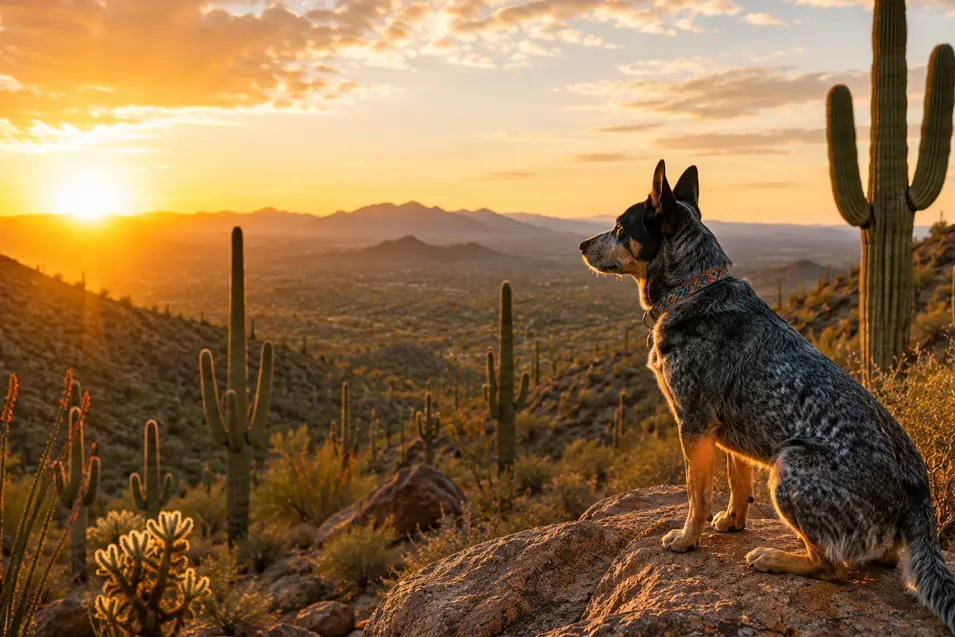 An Australian Cattle Dog watches a stunning desert sunset from a rocky hillside, surrounded by towering saguaro cacti and sweeping mountain views.