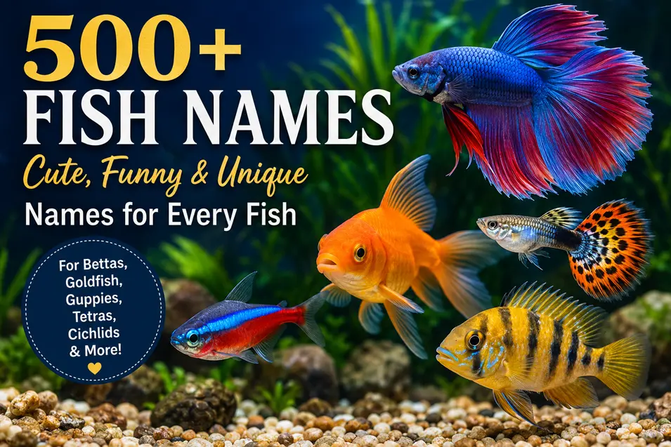 Colorful aquarium featuring a betta, goldfish, guppy, neon tetra and cichlid alongside a guide to 500+ cute, funny and unique fish names.