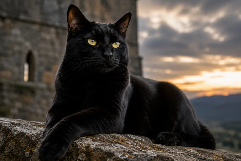 Beautiful black cat with striking golden eyes resting on a stone wall at sunset, framed by an ancient castle and a dramatic mountain skyline.