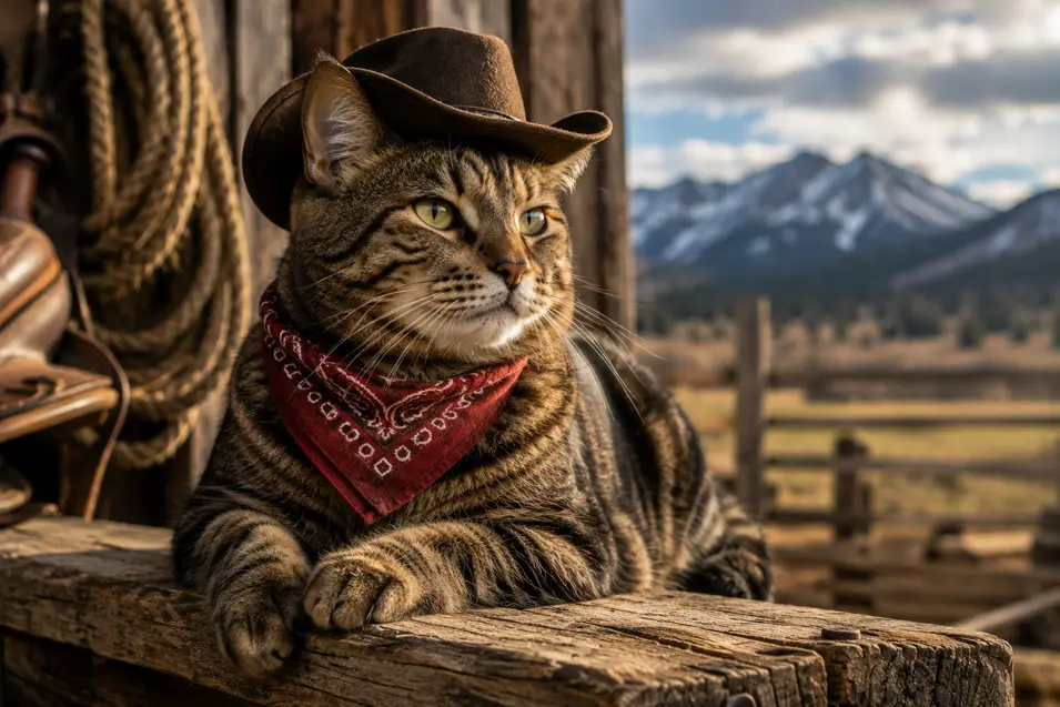 Handsome tabby cat dressed as a cowboy with a hat and bandana, relaxing on a rustic ranch with mountain views and a classic Western backdrop.