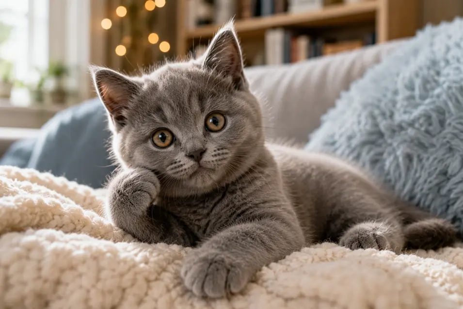 Adorable gray kitten relaxing on a cozy blanket with bright amber eyes, soft natural light, and a warm, inviting living room background.