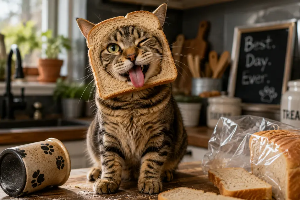 Funny tabby cat wearing a slice of bread like a hat, winking with its tongue out on a messy kitchen counter in a playful breakfast scene.