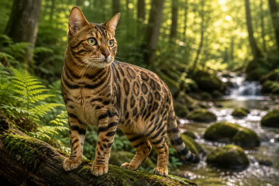 Beautiful Bengal cat standing on a moss-covered log beside a forest stream, surrounded by lush greenery and soft morning sunlight filtering through the trees.