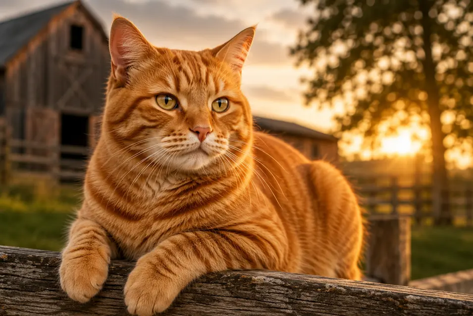 Beautiful orange tabby cat relaxing on a rustic fence at golden hour, with a charming old barn and warm countryside sunset in the background.