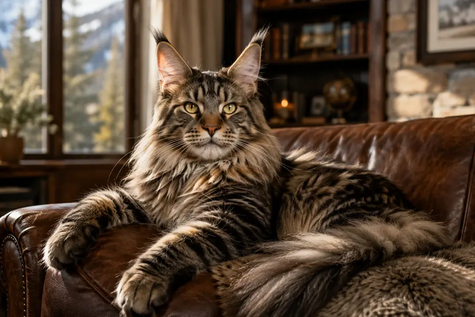 Majestic Maine Coon cat relaxing on a leather sofa in a cozy mountain lodge, with golden light, rustic décor, and stunning alpine views.