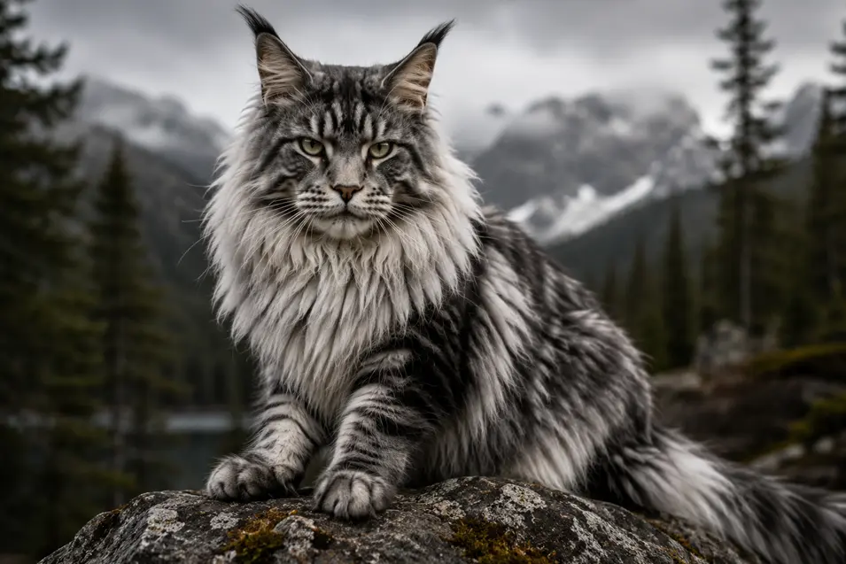 Majestic Maine Coon cat perched on a mountain rock with dramatic alpine peaks and evergreen forest, showcasing its striking coat and regal presence.
