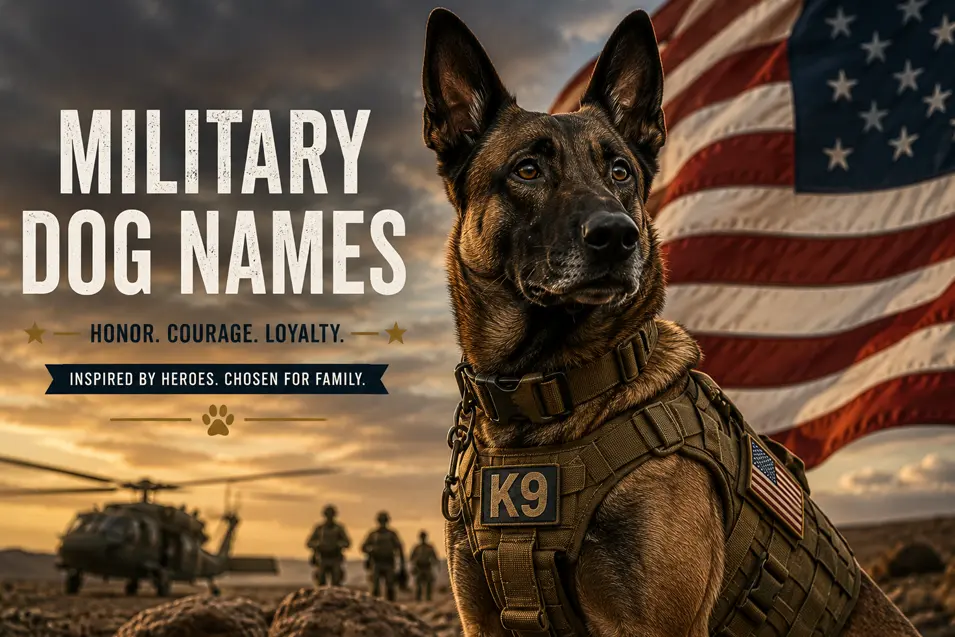 Military working dog in tactical K9 gear stands proudly before a waving U.S. flag, honoring the courage, loyalty, and service of military canine heroes.