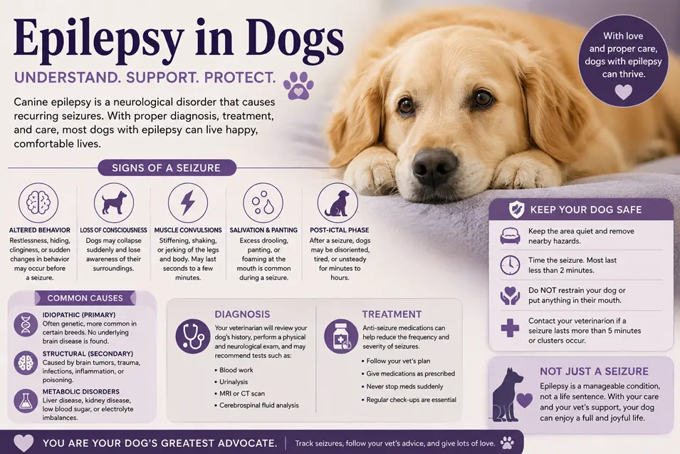 Infographic explaining epilepsy in dogs, including seizure signs, causes, diagnosis, treatment, safety tips, and supportive care for affected pets.