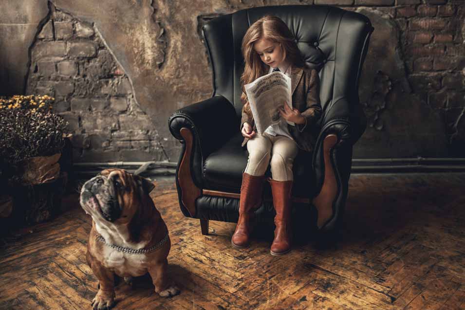 Picture of an English Bulldog and Girl