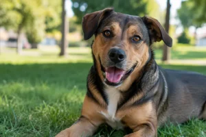 Happy mixed-breed dog relaxing on lush green grass in a sunny park, captured in sharp focus with a soft, natural background and warm outdoor lighting.