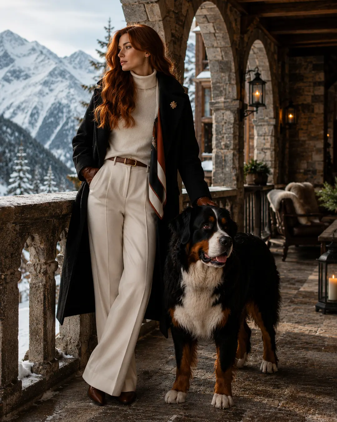 A stylish red-haired woman in elegant winter attire poses with a Bernese Mountain Dog on a snowy alpine lodge terrace.
