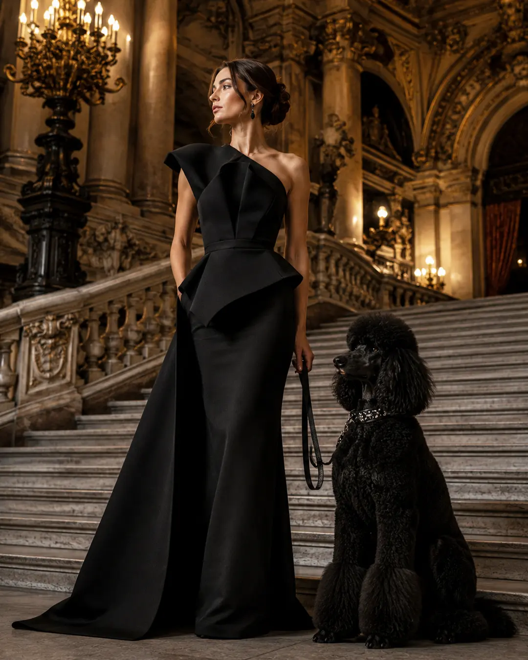 A woman in a dramatic black evening gown poses with a black Standard Poodle on the grand staircase of an opulent historic interior.