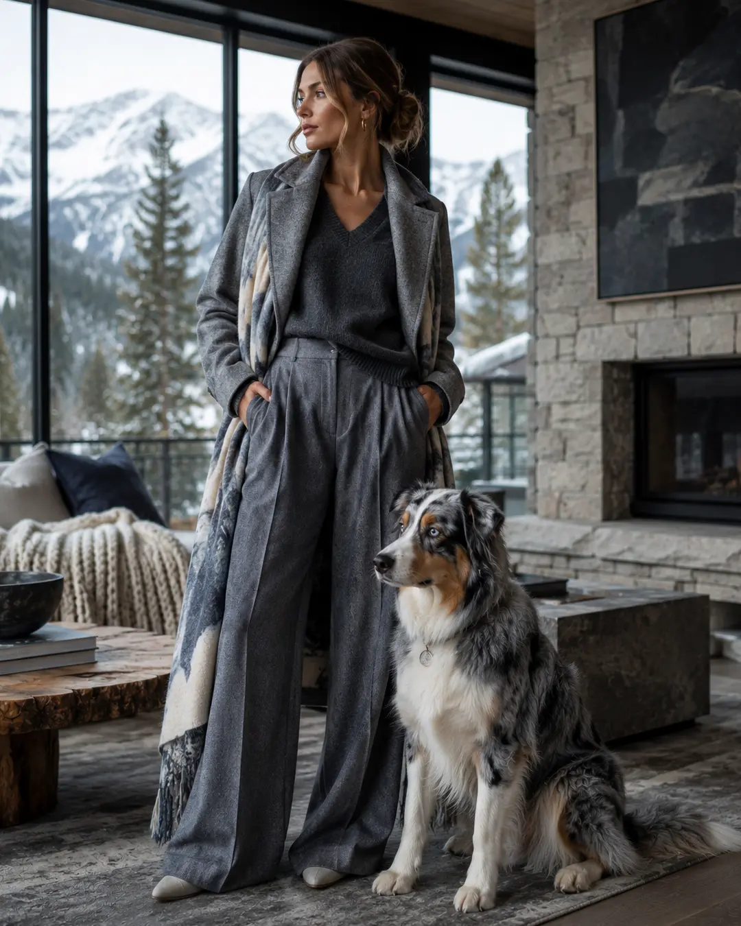 A stylish woman in layered gray winterwear poses with an Australian Shepherd inside a luxurious mountain home overlooking snowy peaks.
