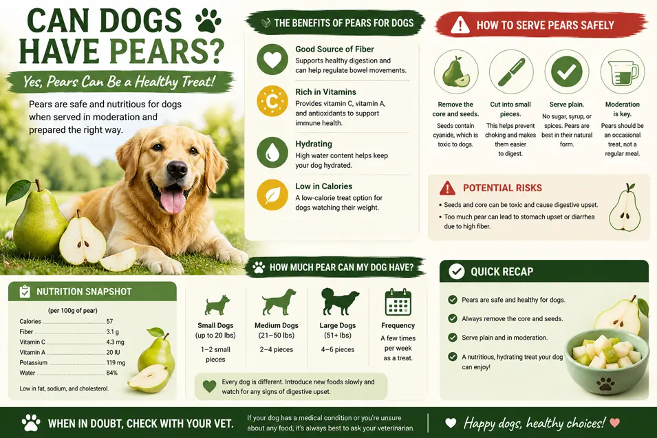 Infographic explaining whether dogs can eat pears, including benefits, safe serving tips, portion sizes, potential risks, and a quick nutrition guide.