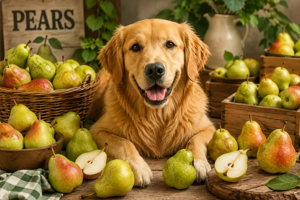Golden Retriever surrounded by fresh pears in rustic baskets and crates, creating a warm harvest scene with ripe fruit, wooden textures, and cozy farmhouse charm.