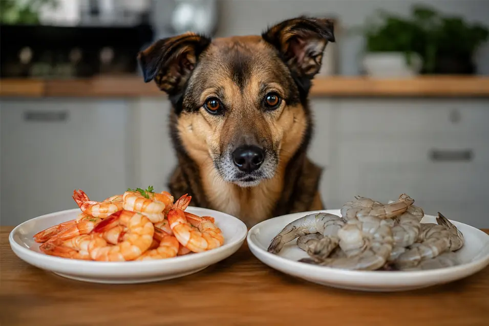 A mixed breed dog sits between plates of raw and cooked shrimp, comparing both in a bright, photorealistic kitchen scene captured with a magazine-quality 85mm look.