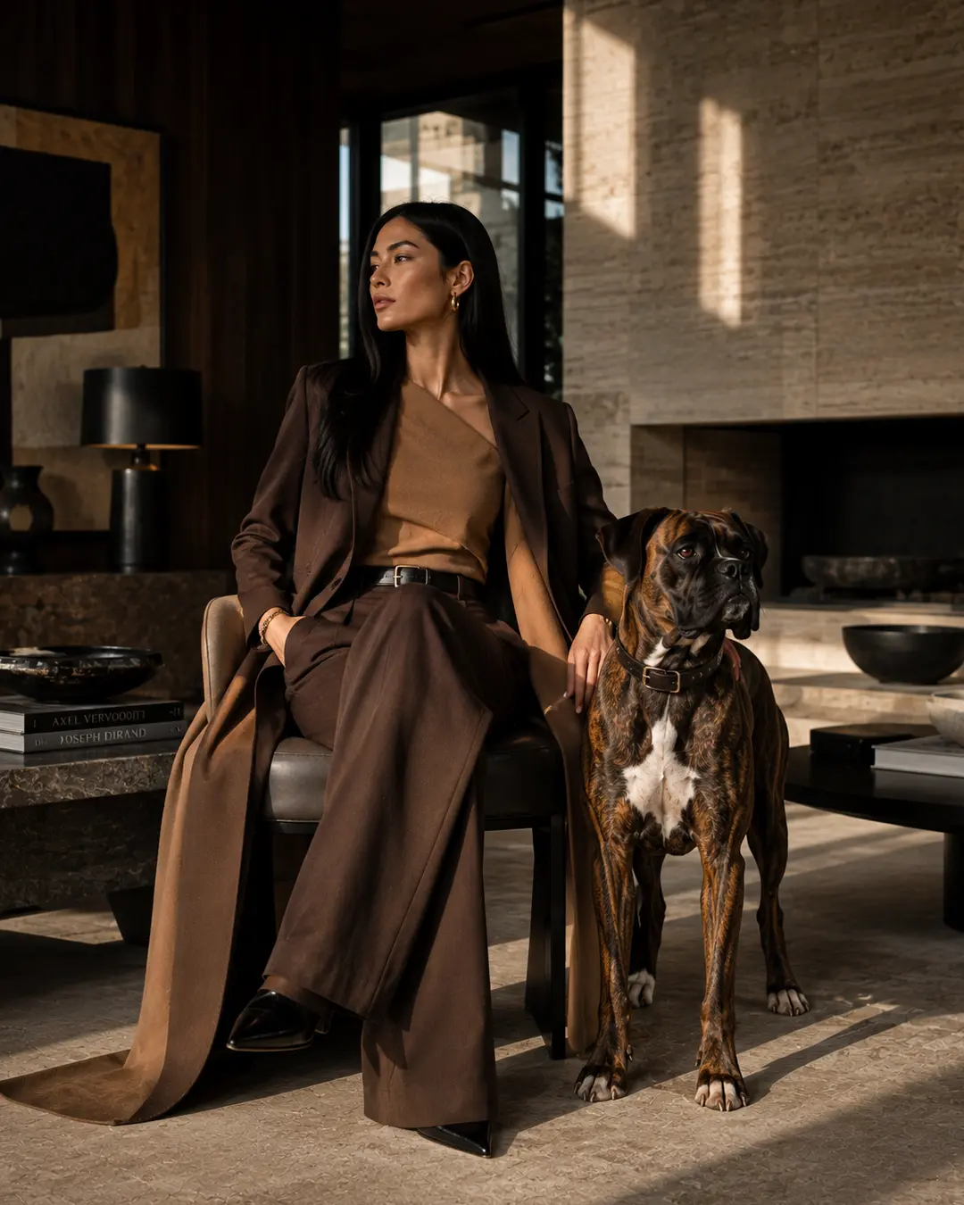 A stylish woman in rich brown tailoring poses with a brindle Boxer in a sophisticated, sunlit contemporary interior.