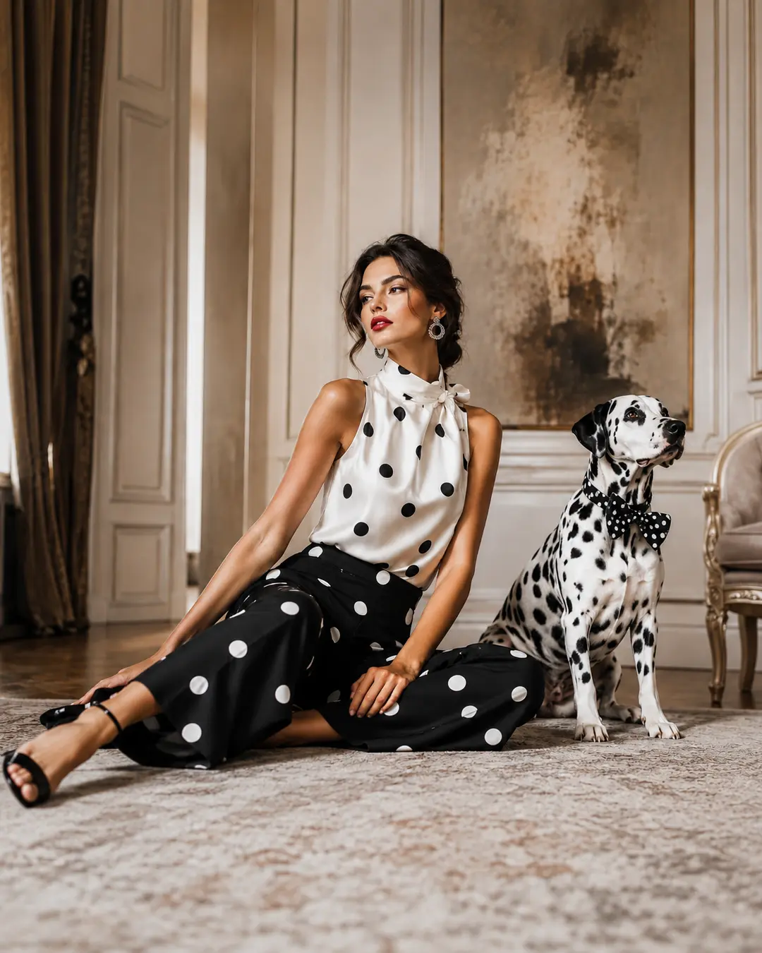 Elegant woman in black-and-white polka dots poses beside a matching Dalmatian in a luxurious, vintage-inspired interior.