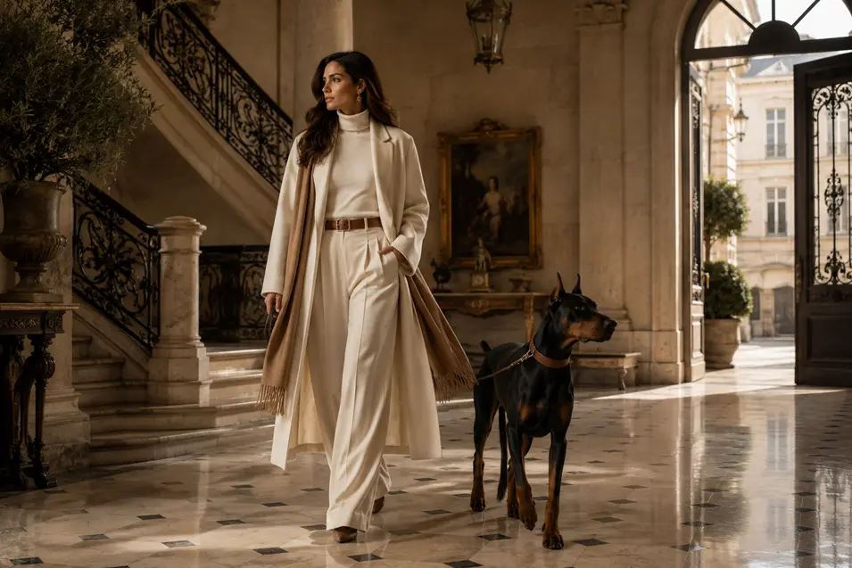 A stylish woman in elegant ivory tailoring walks a Doberman through a grand European foyer bathed in warm afternoon light.