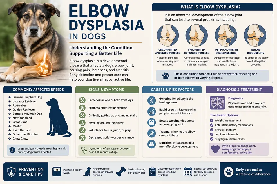 Infographic explaining elbow dysplasia in dogs, including causes, symptoms, high-risk breeds, diagnosis, treatment and prevention tips.