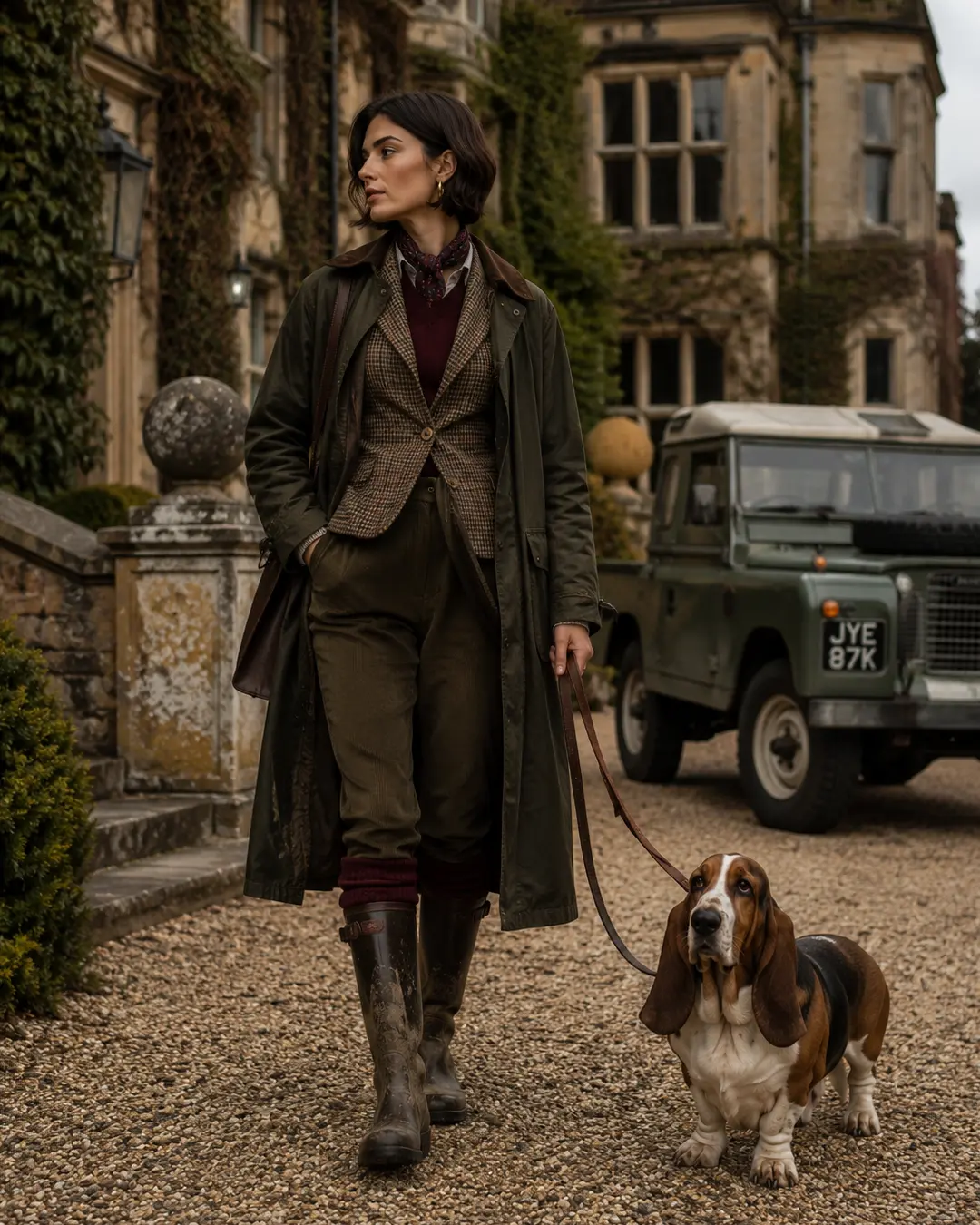 A stylish woman in classic country attire walks a Basset Hound outside a grand English estate, with a vintage Land Rover nearby.