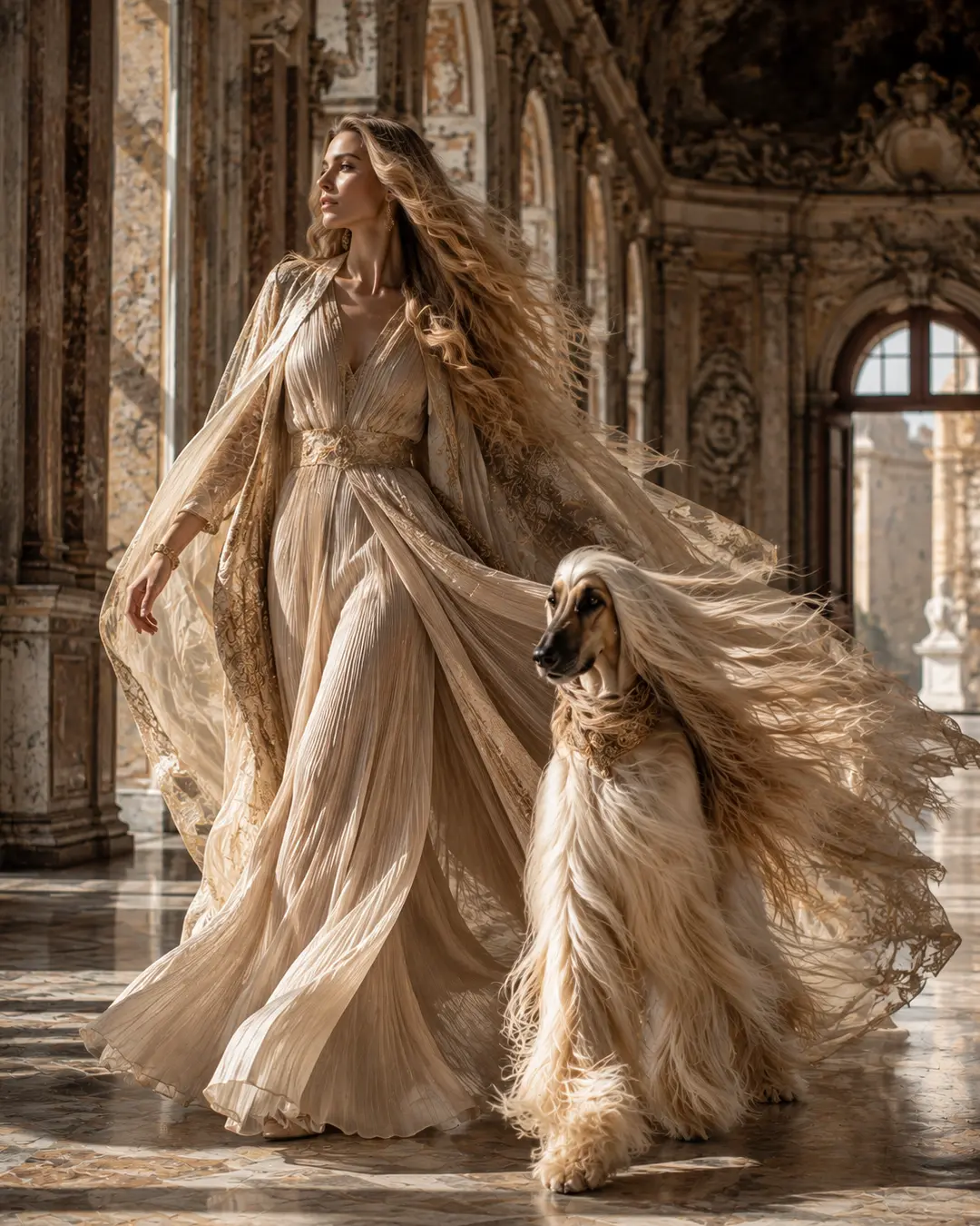 A woman in a flowing champagne gown walks beside an Afghan Hound through an ornate, sunlit palace interior.