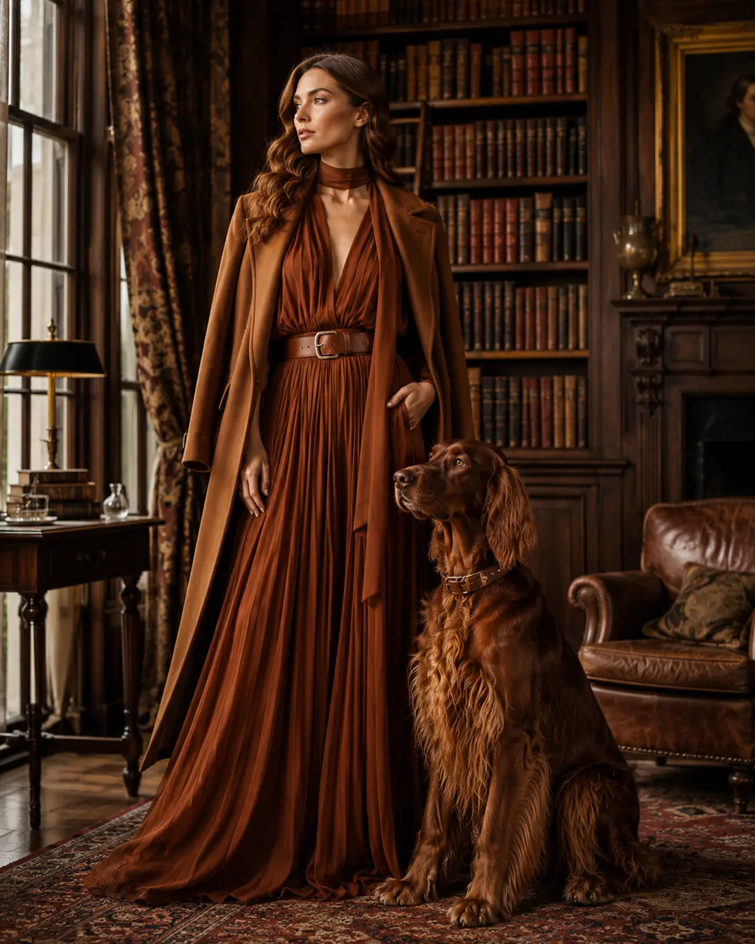 A stylish woman in rich rust tones poses with an Irish Setter in an elegant, wood-paneled library filled with antique books.