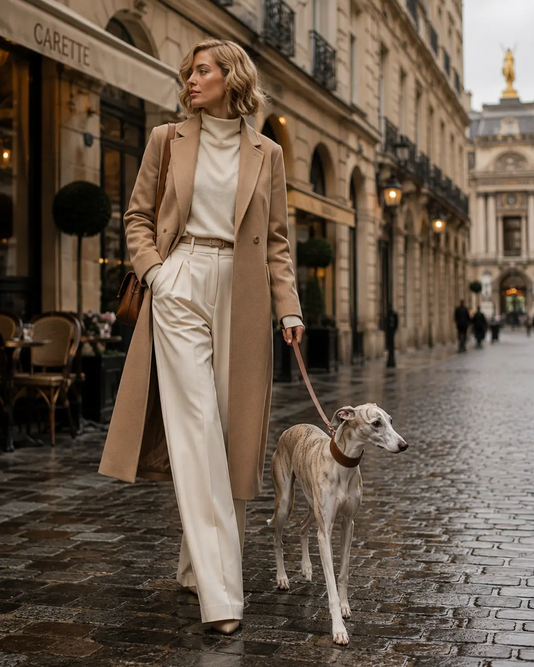 A chic woman in neutral tailoring walks a slender Whippet along a rain-slicked Parisian street lined with elegant cafés.