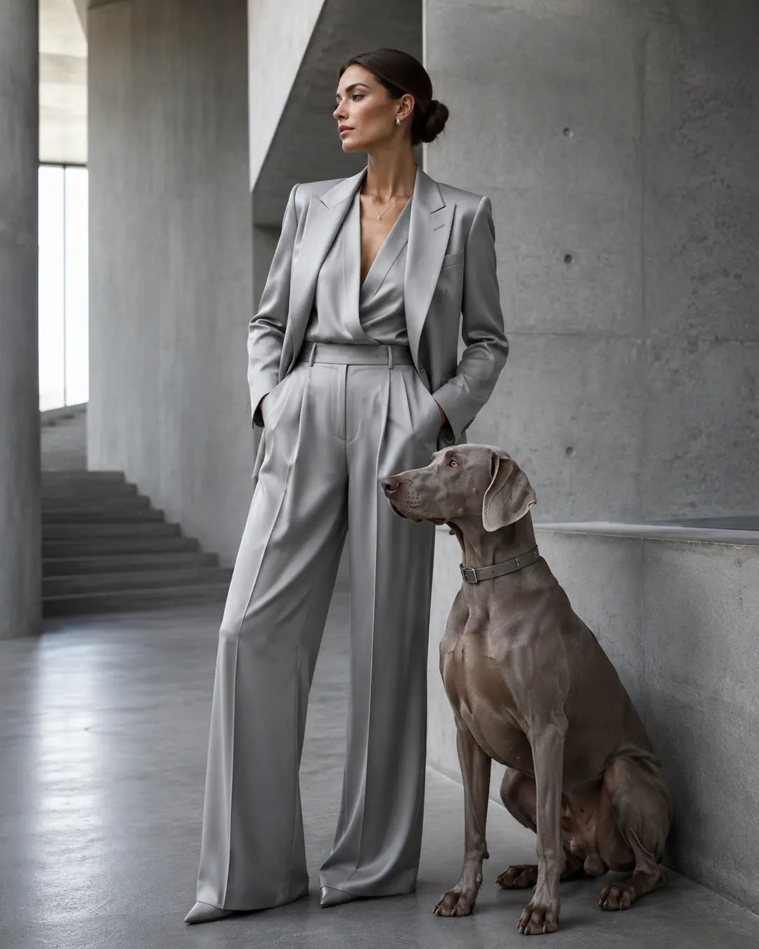 A stylish woman in a silver-gray power suit poses beside a Weimaraner in a sleek, minimalist concrete interior.