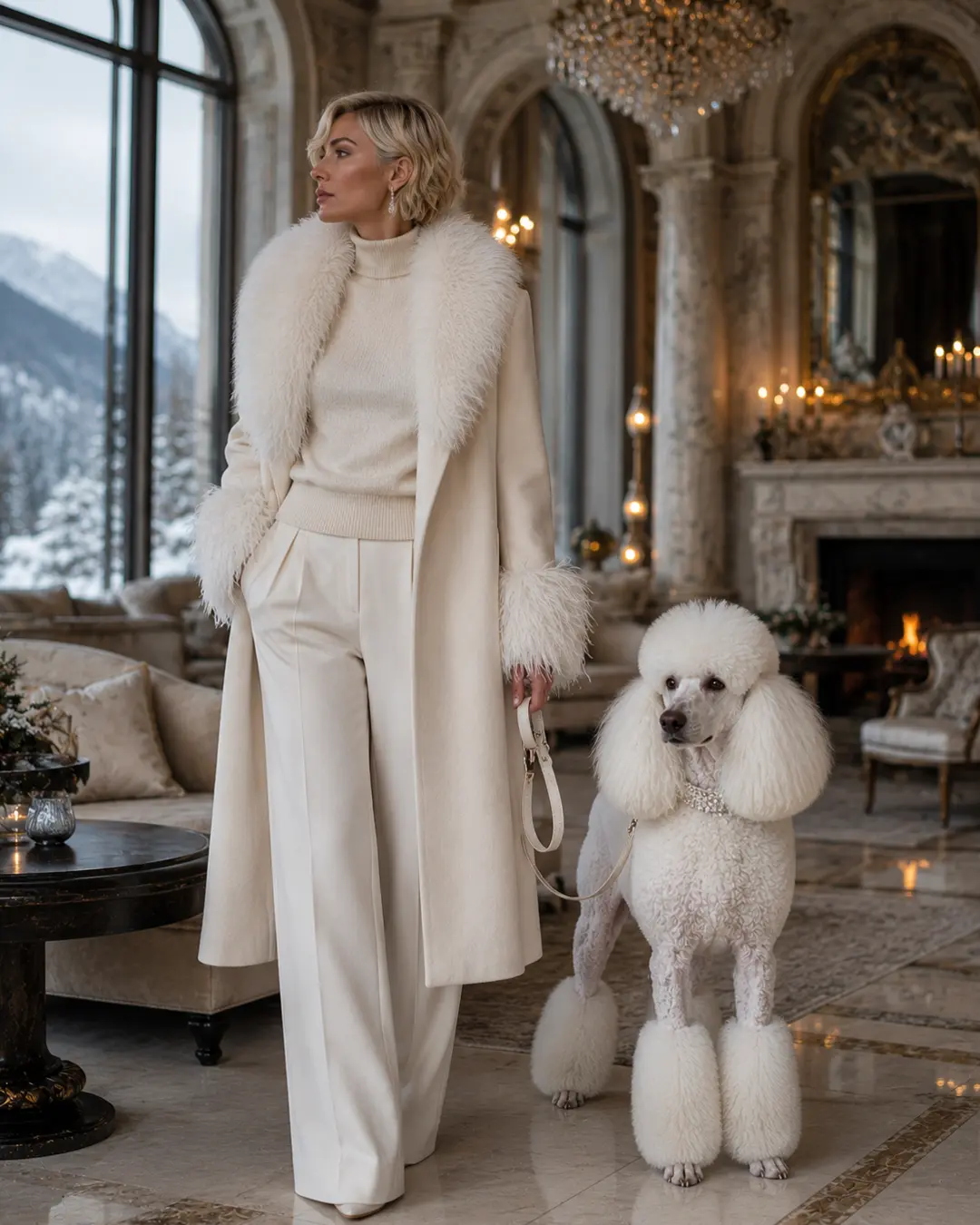 A chic woman in winter-white fashion poses with a white Standard Poodle in an opulent alpine home overlooking snowy mountains.